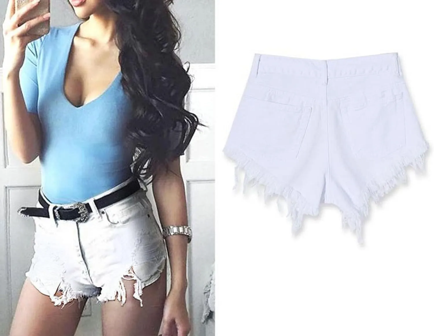 Women's High Waist Hem Shredded Denim Shorts