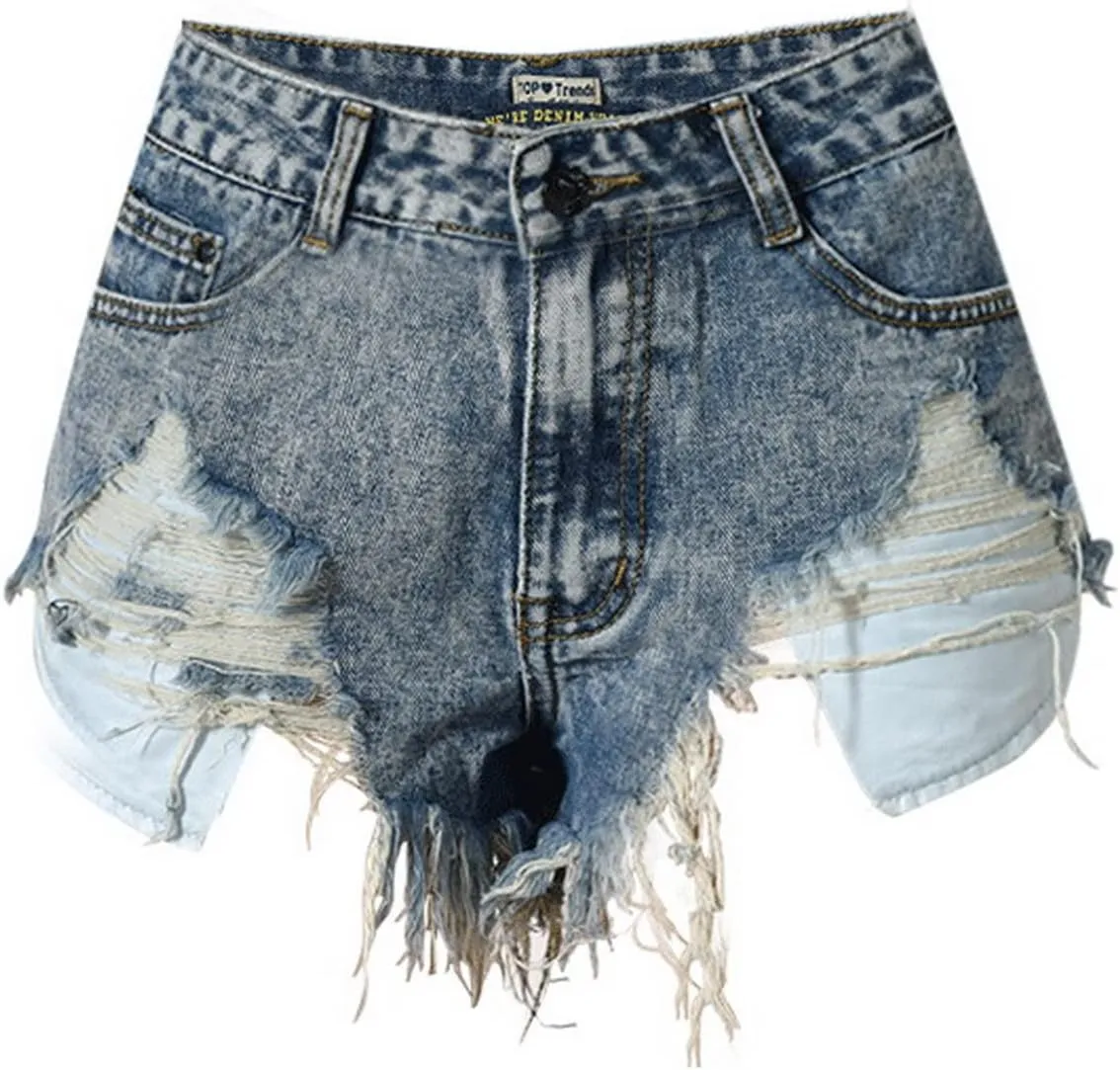 Women's High Waist Hem Shredded Denim Shorts