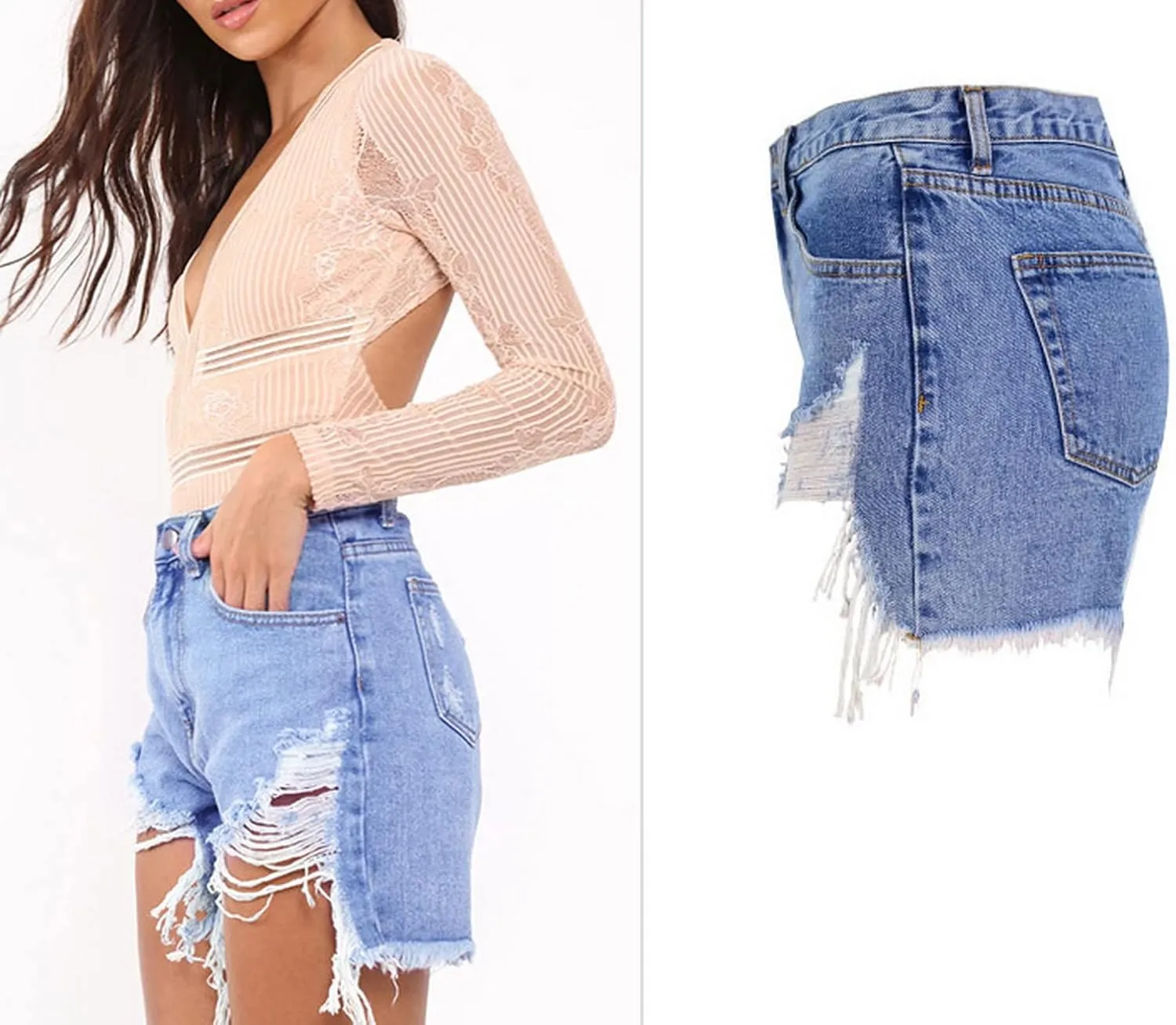 Women's High Waist Hem Shredded Denim Shorts