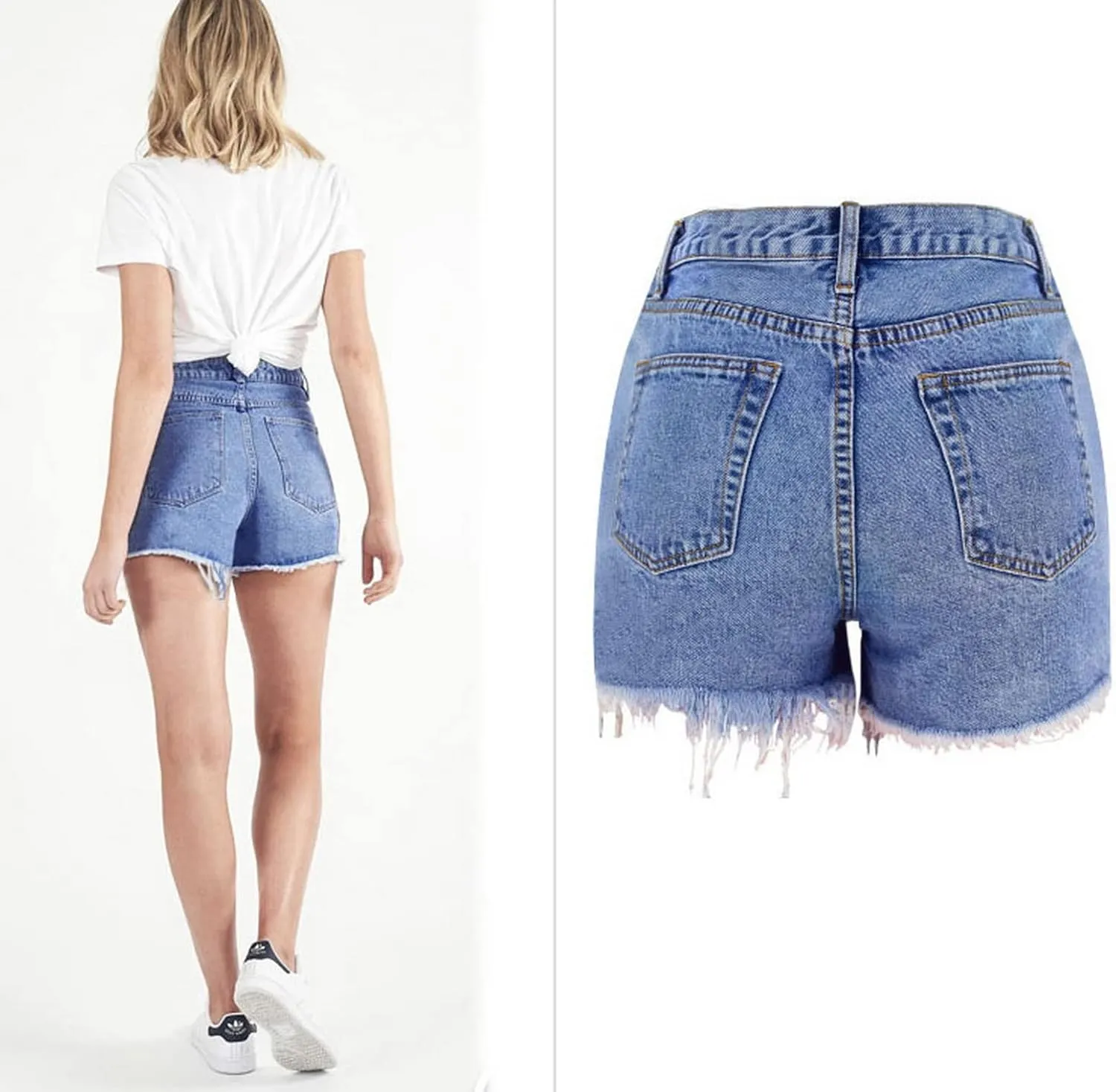 Women's High Waist Hem Shredded Denim Shorts