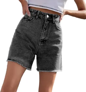 Women's High Waist Ripped Denim Shorts Frayed Hem Destroyed Mid Thigh Short Jeans Casual Shorts with Pockets