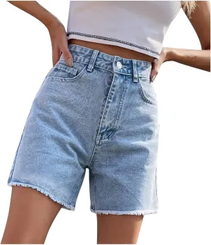 Women's High Waist Ripped Denim Shorts Frayed Hem Destroyed Mid Thigh Short Jeans Casual Shorts with Pockets