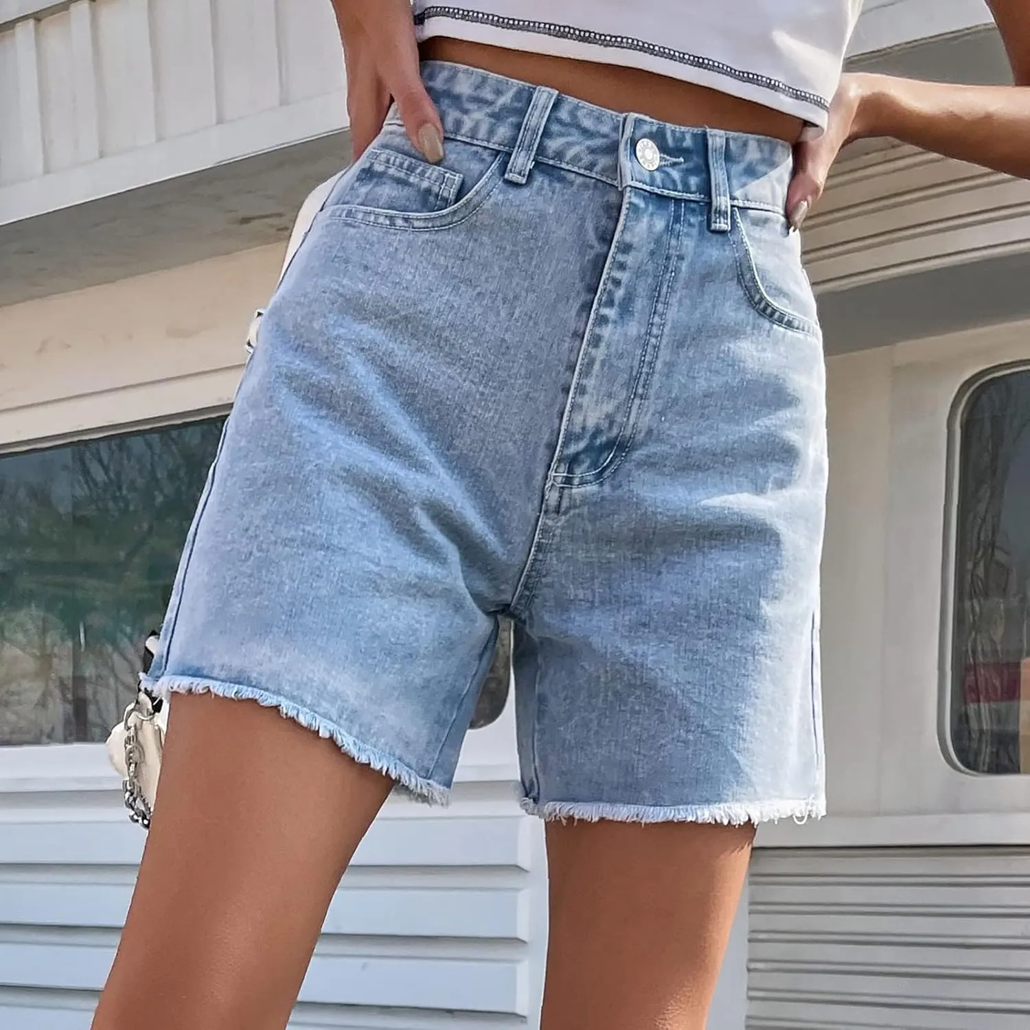 Women's High Waist Ripped Denim Shorts Frayed Hem Destroyed Mid Thigh Short Jeans Casual Shorts with Pockets
