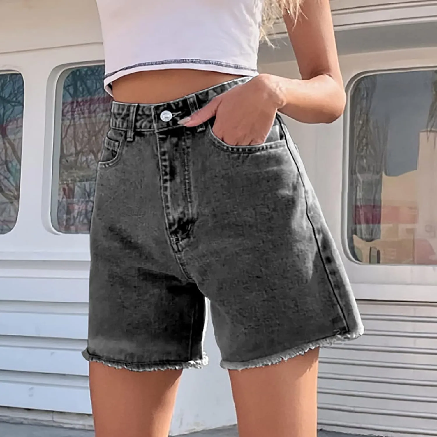 Women's High Waist Ripped Denim Shorts Frayed Hem Destroyed Mid Thigh Short Jeans Casual Shorts with Pockets