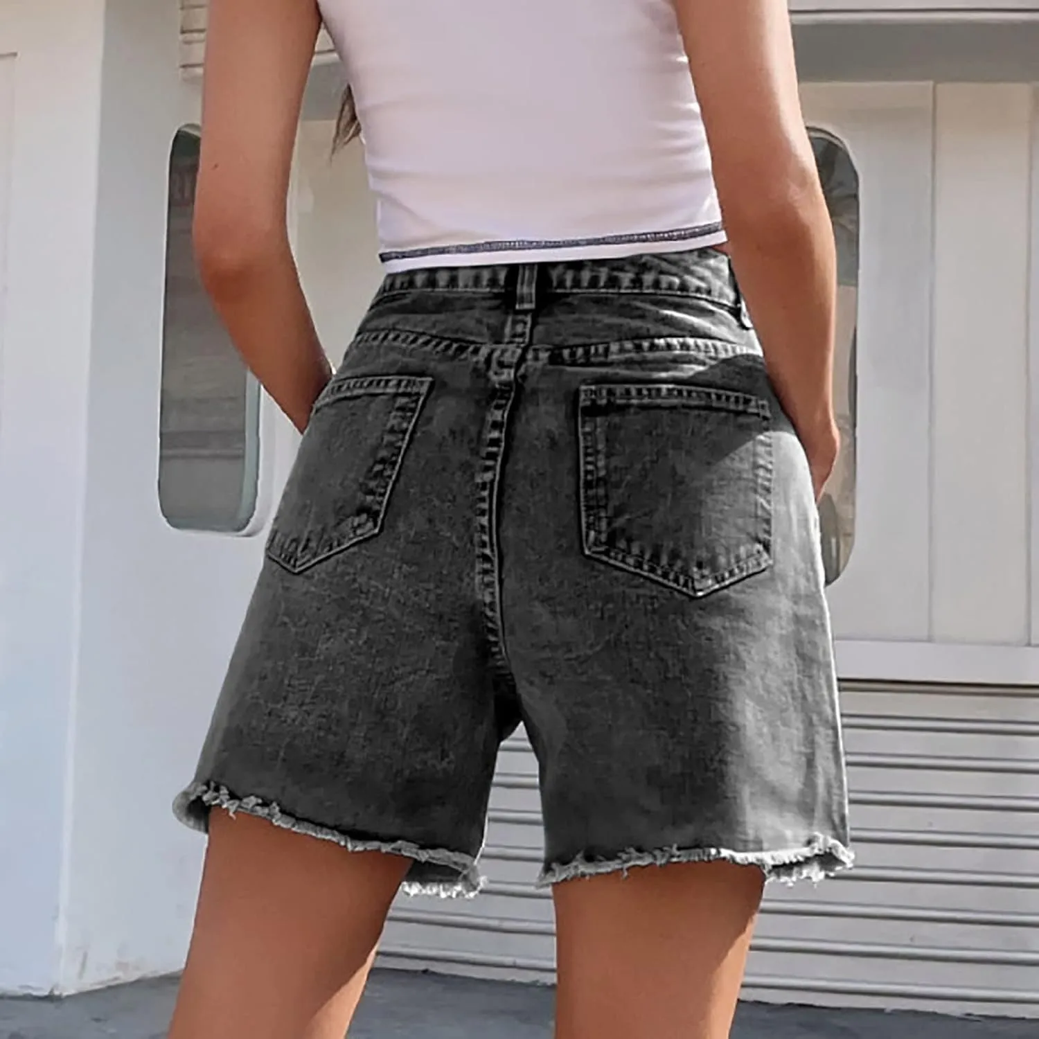 Women's High Waist Ripped Denim Shorts Frayed Hem Destroyed Mid Thigh Short Jeans Casual Shorts with Pockets