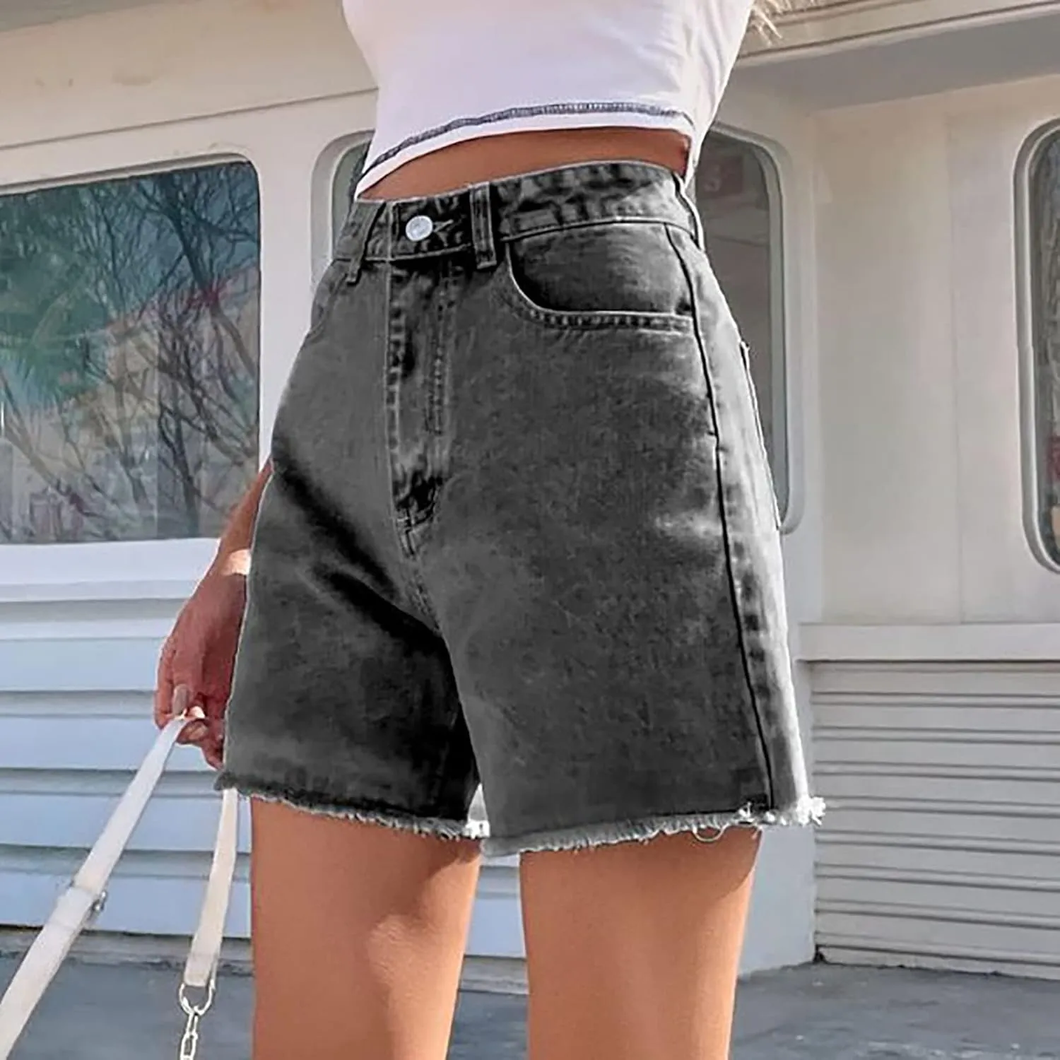Women's High Waist Ripped Denim Shorts Frayed Hem Destroyed Mid Thigh Short Jeans Casual Shorts with Pockets
