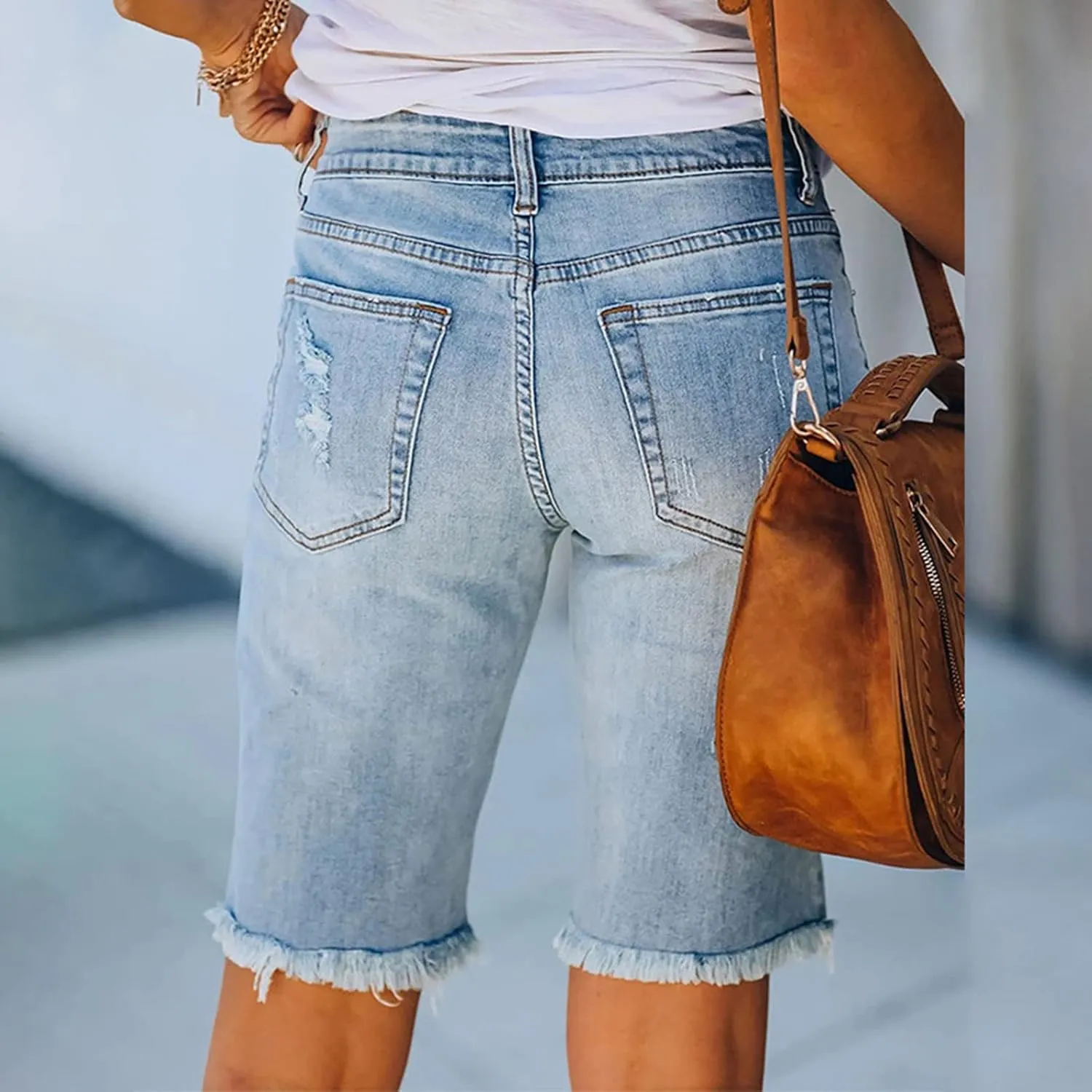 Women's High Waist Straight-fit Denim Shorts American Flag Patch Ripped Stretch Knee Length Bermuda Shorts