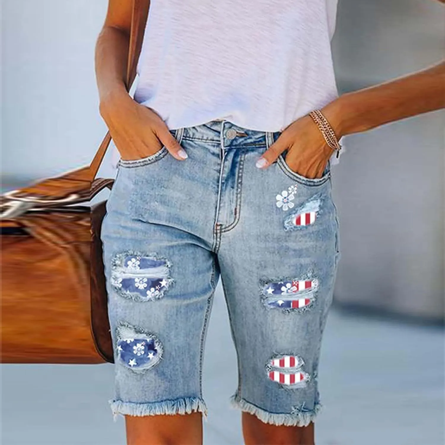 Women's High Waist Straight-fit Denim Shorts American Flag Patch Ripped Stretch Knee Length Bermuda Shorts