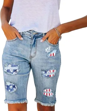 Women's High Waist Straight-fit Denim Shorts American Flag Patch Ripped Stretch Knee Length Bermuda Shorts