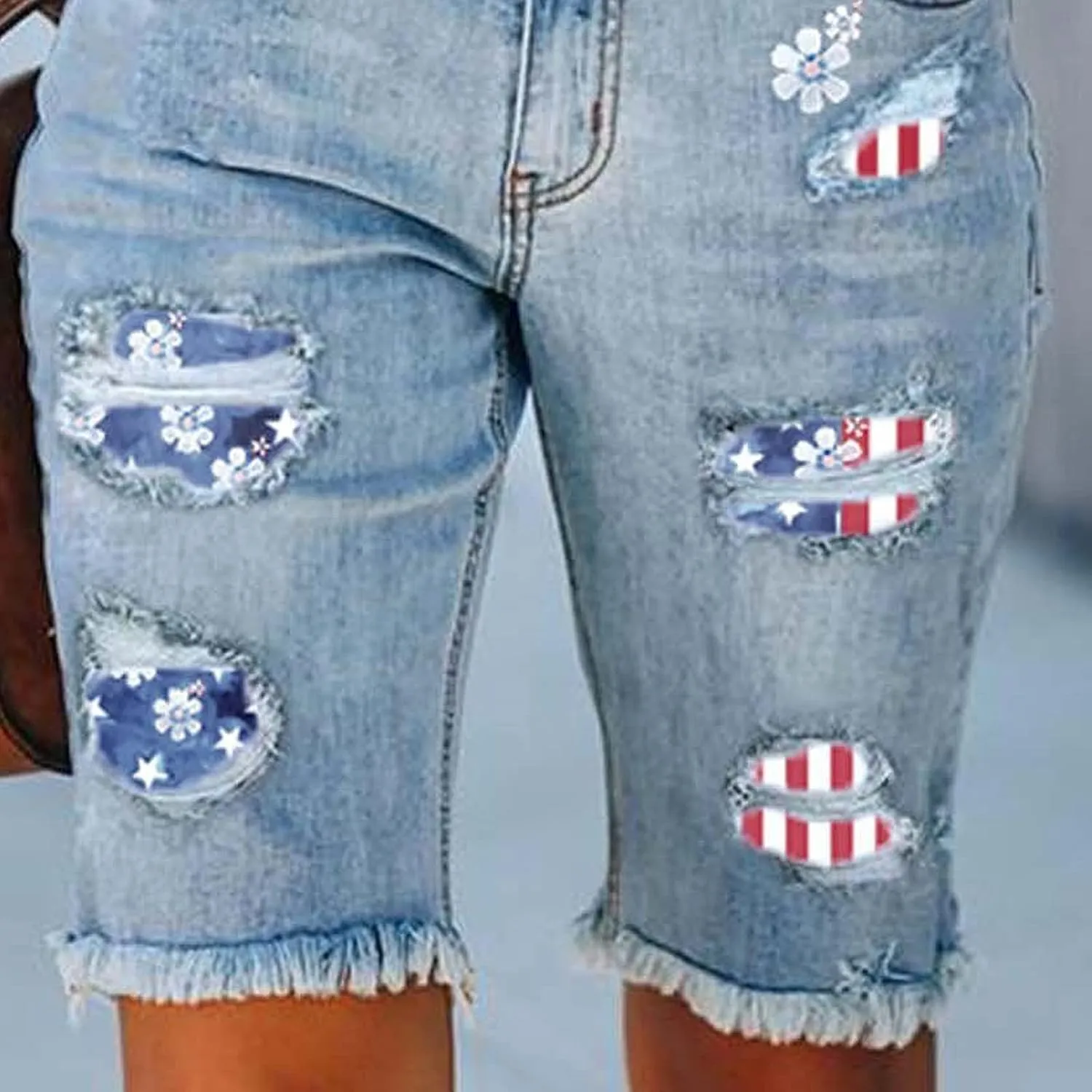 Women's High Waist Straight-fit Denim Shorts American Flag Patch Ripped Stretch Knee Length Bermuda Shorts