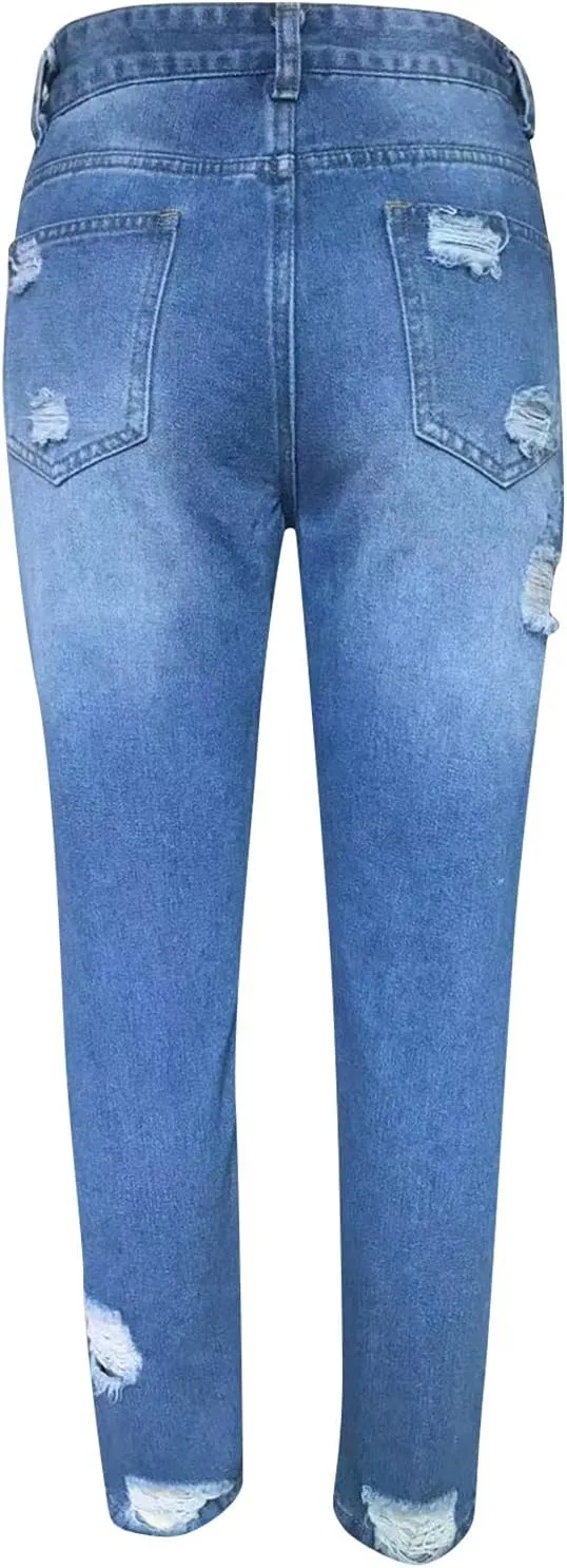 Women's High Waisted Jeans Distressed Ripped Stretch Straight Leg Denim Pants Vintage Casual Slim Fit Skinny Jeans Trousers