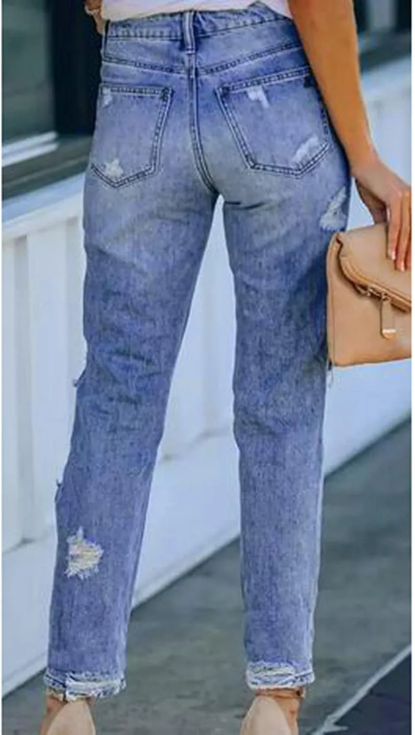 Women's High Waisted Jeans Distressed Ripped Stretch Straight Leg Denim Pants Vintage Casual Slim Fit Skinny Jeans Trousers
