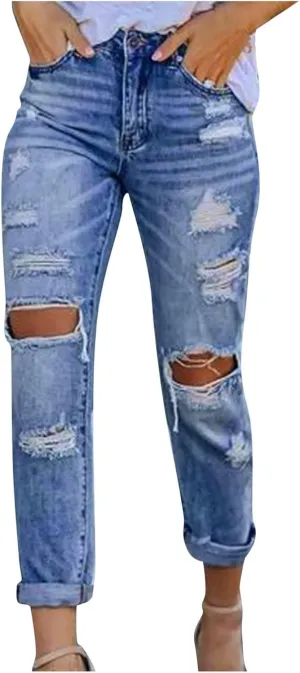 Women's High Waisted Jeans Distressed Ripped Stretch Straight Leg Denim Pants Vintage Casual Slim Fit Skinny Jeans Trousers
