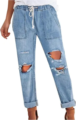 Women's High Waisted Jeans Distressed Ripped Stretch Straight Leg Denim Pants Vintage Casual Slim Fit Skinny Jeans Trousers