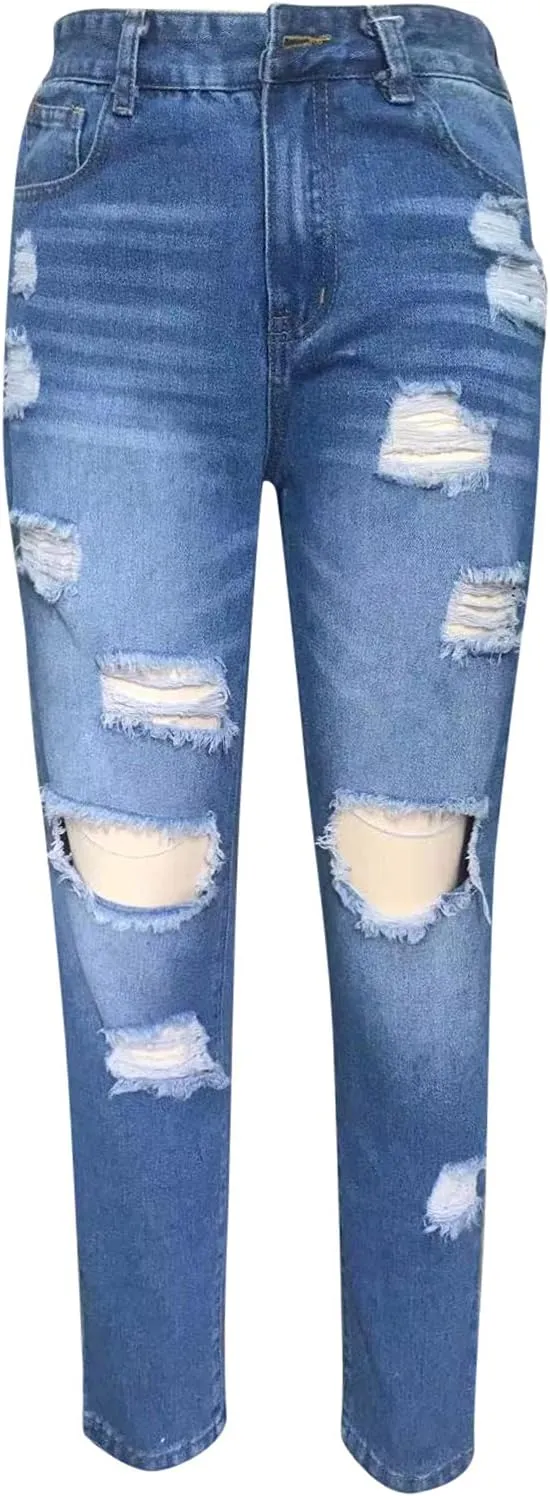 Women's High Waisted Jeans Distressed Ripped Stretch Straight Leg Denim Pants Vintage Casual Slim Fit Skinny Jeans Trousers