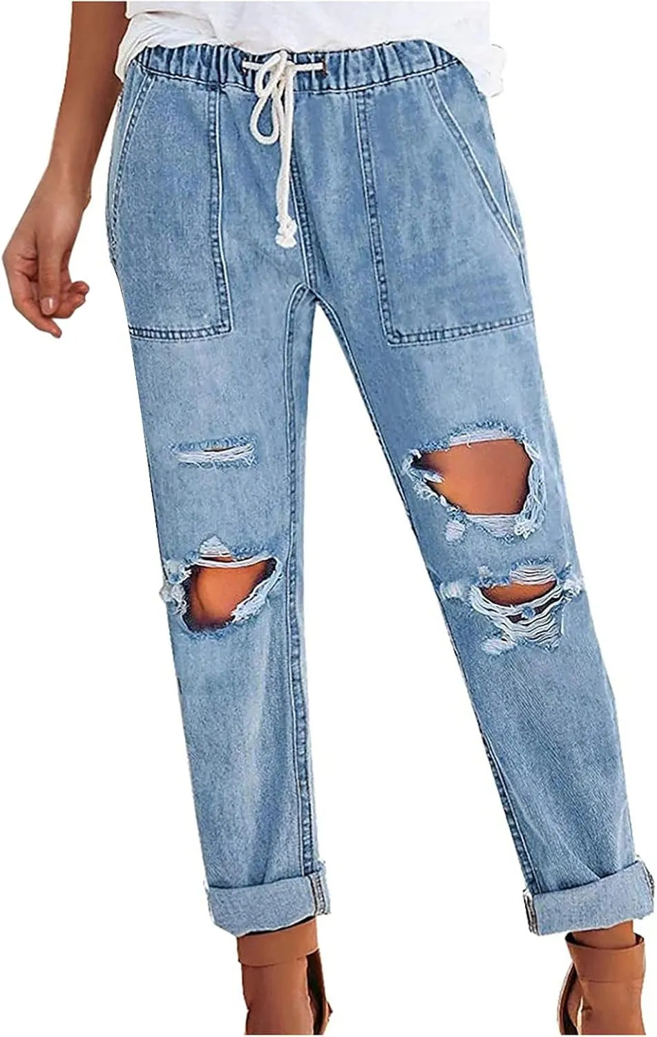 Women's High Waisted Jeans Distressed Ripped Stretch Straight Leg Denim Pants Vintage Casual Slim Fit Skinny Jeans Trousers