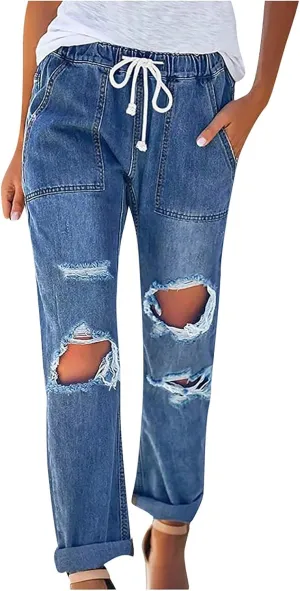 Women's High Waisted Jeans Distressed Ripped Stretch Straight Leg Denim Pants Vintage Casual Slim Fit Skinny Jeans Trousers