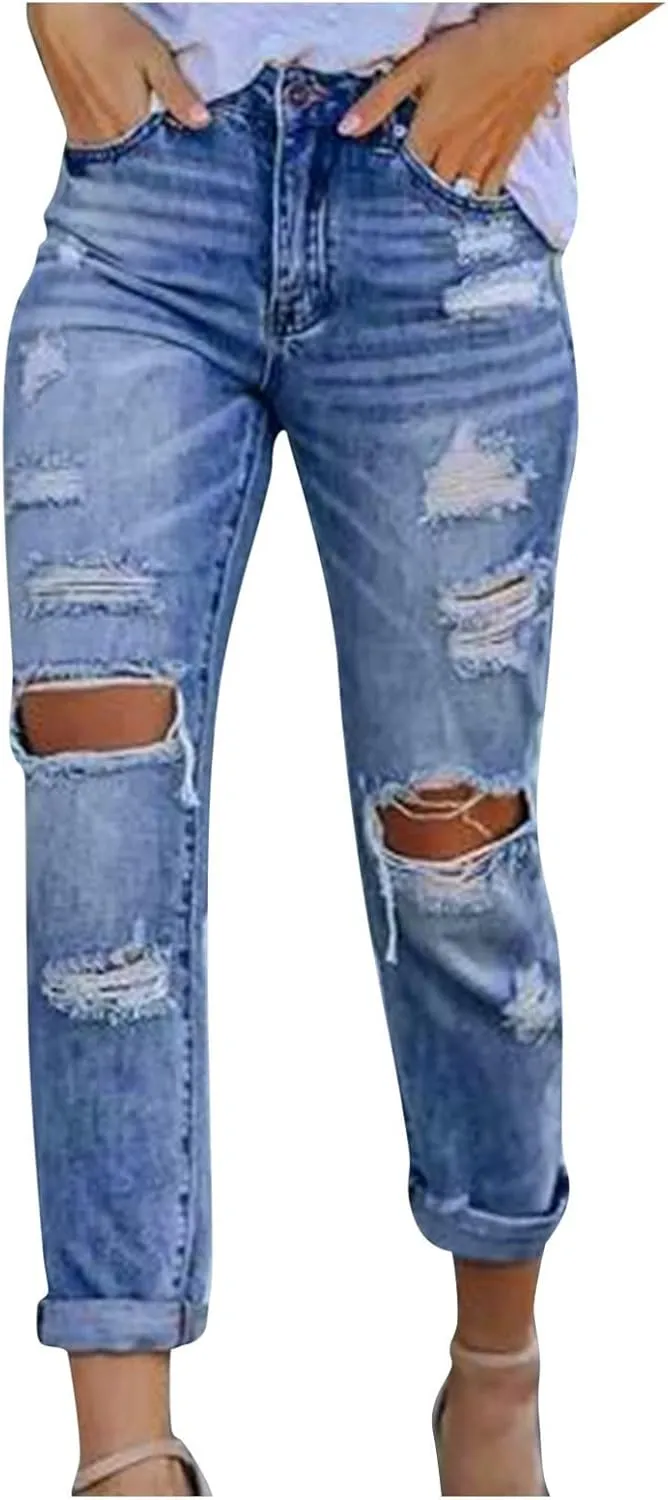 Women's High Waisted Jeans Distressed Ripped Stretch Straight Leg Denim Pants Vintage Casual Slim Fit Skinny Jeans Trousers
