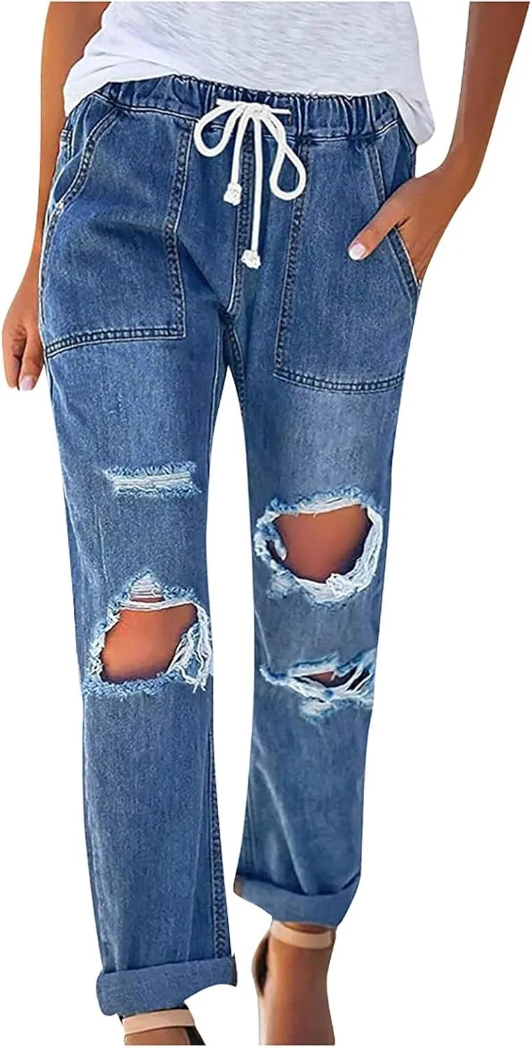 Women's High Waisted Jeans Distressed Ripped Stretch Straight Leg Denim Pants Vintage Casual Slim Fit Skinny Jeans Trousers