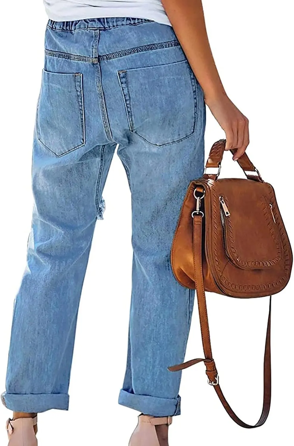 Women's High Waisted Jeans Distressed Ripped Stretch Straight Leg Denim Pants Vintage Casual Slim Fit Skinny Jeans Trousers