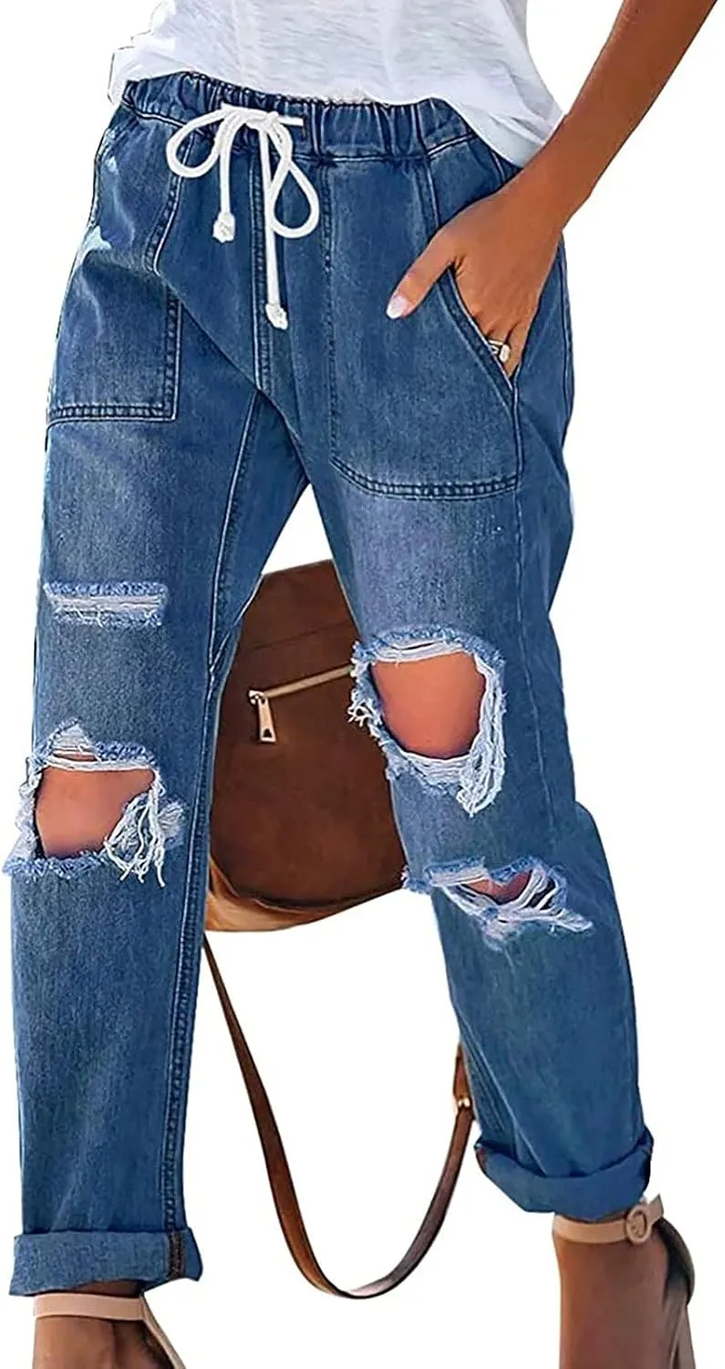 Women's High Waisted Jeans Distressed Ripped Stretch Straight Leg Denim Pants Vintage Casual Slim Fit Skinny Jeans Trousers