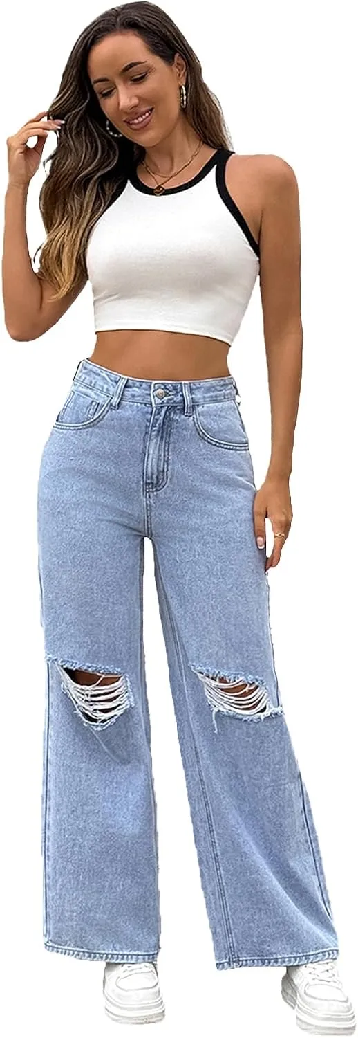 Women's Jeans Mid Waist Distressed Ripped Straight Wide Leg Denim Pants with Pockets Boyfriend Jeans