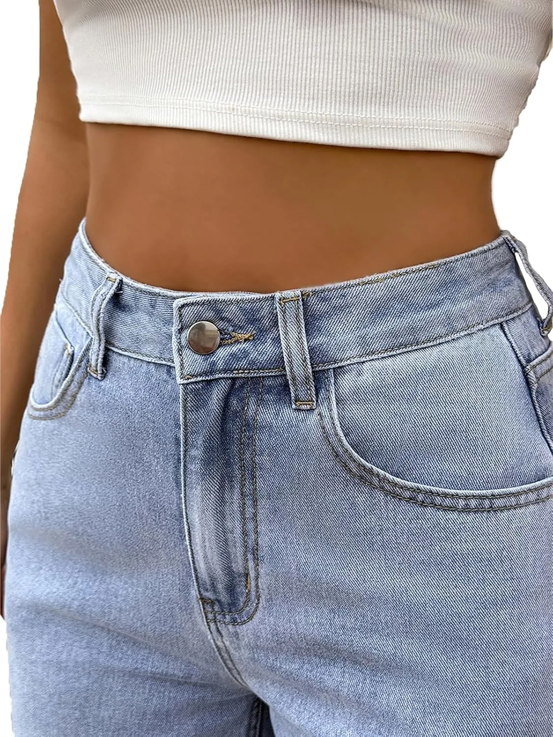 Women's Jeans Mid Waist Distressed Ripped Straight Wide Leg Denim Pants with Pockets Boyfriend Jeans