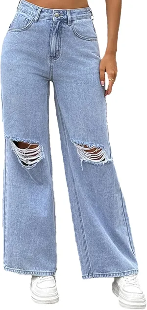 Women's Jeans Mid Waist Distressed Ripped Straight Wide Leg Denim Pants with Pockets Boyfriend Jeans