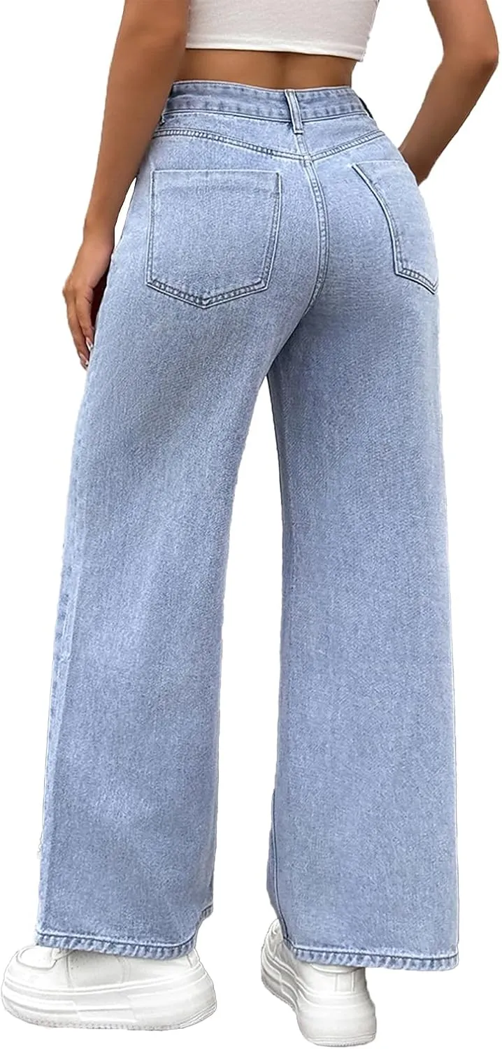 Women's Jeans Mid Waist Distressed Ripped Straight Wide Leg Denim Pants with Pockets Boyfriend Jeans