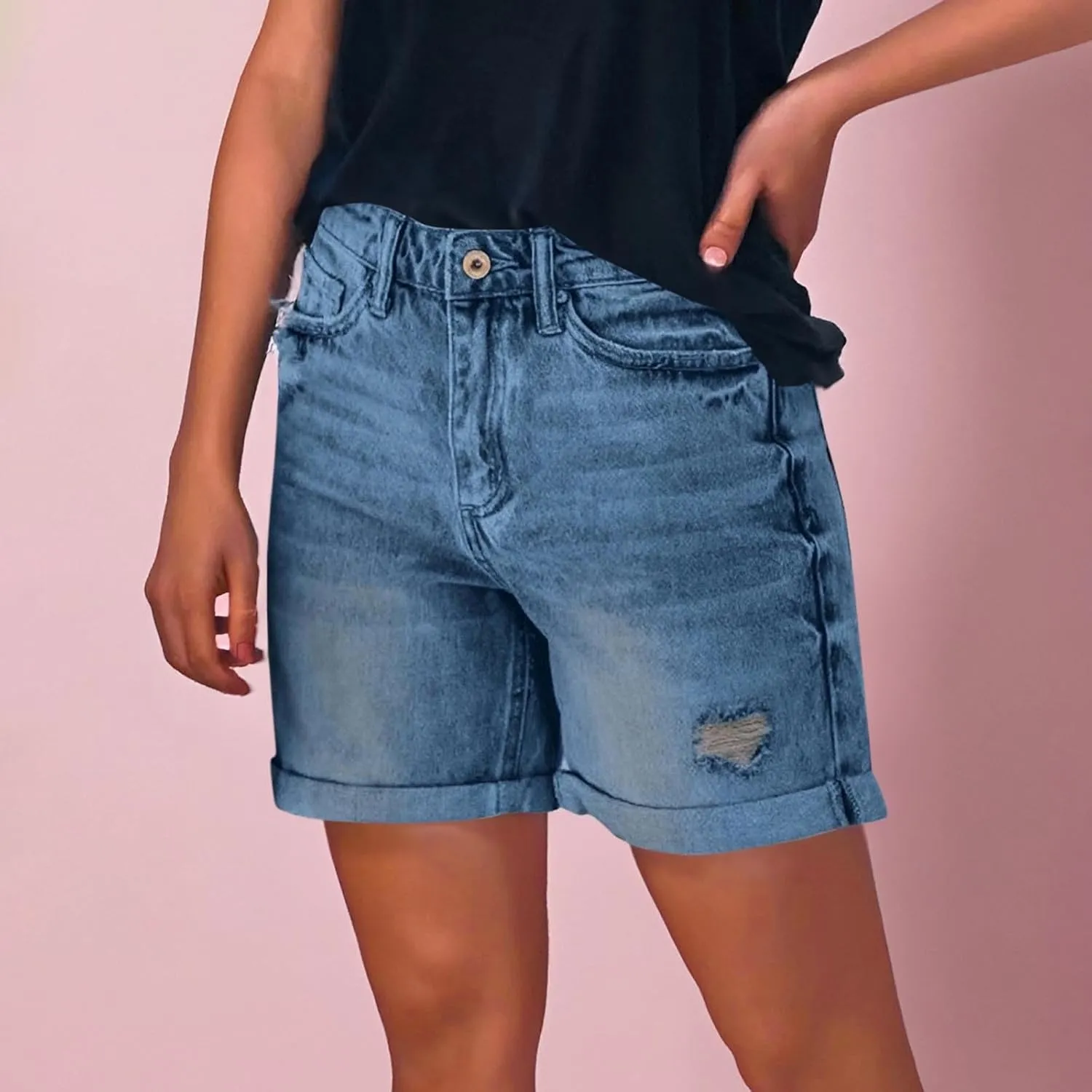 Womens Jeans Short Button High Waisted Ripped Denim Pants 2025 Retro Sezy Rolled Hem Shorts with Mulit Pockets