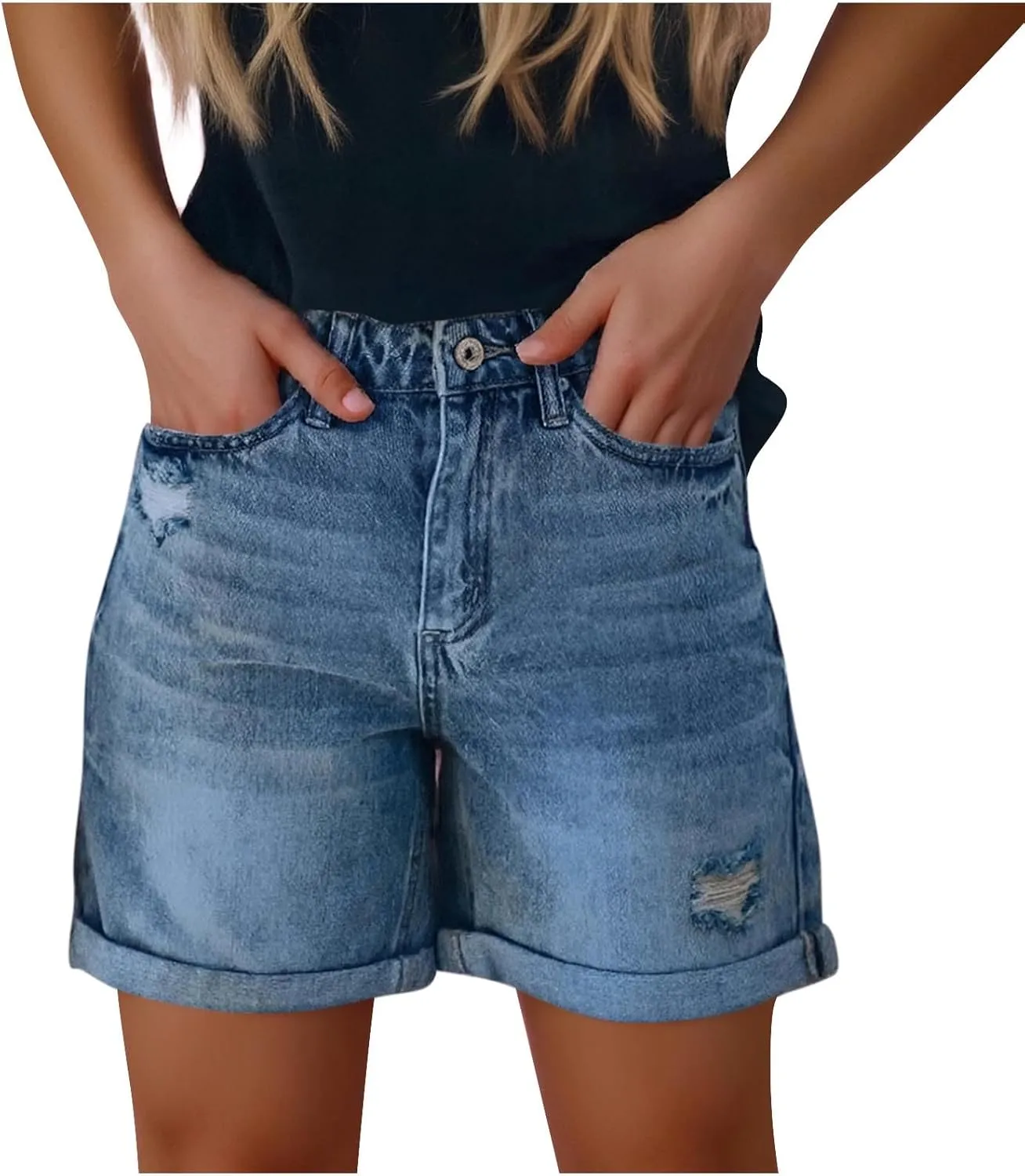 Womens Jeans Short Button High Waisted Ripped Denim Pants 2025 Retro Sezy Rolled Hem Shorts with Mulit Pockets