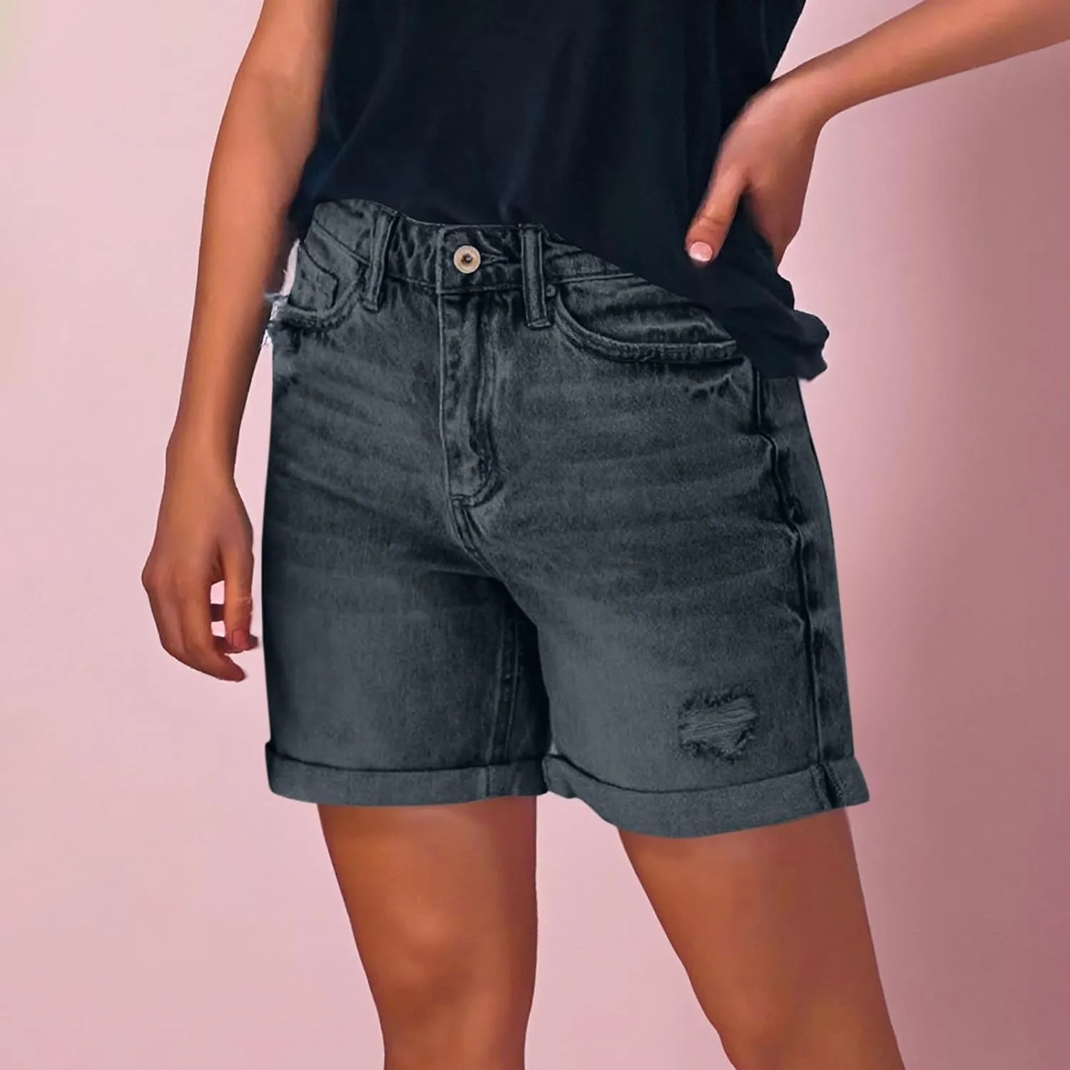 Womens Jeans Short Button High Waisted Ripped Denim Pants 2025 Retro Sezy Rolled Hem Shorts with Mulit Pockets