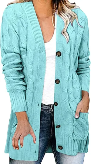 Womens Knit Cardigans Oversized Fall Open Front Button Down Cable Sweaters Loose V Neck Chunky Long Sleeve Outwear Coats
