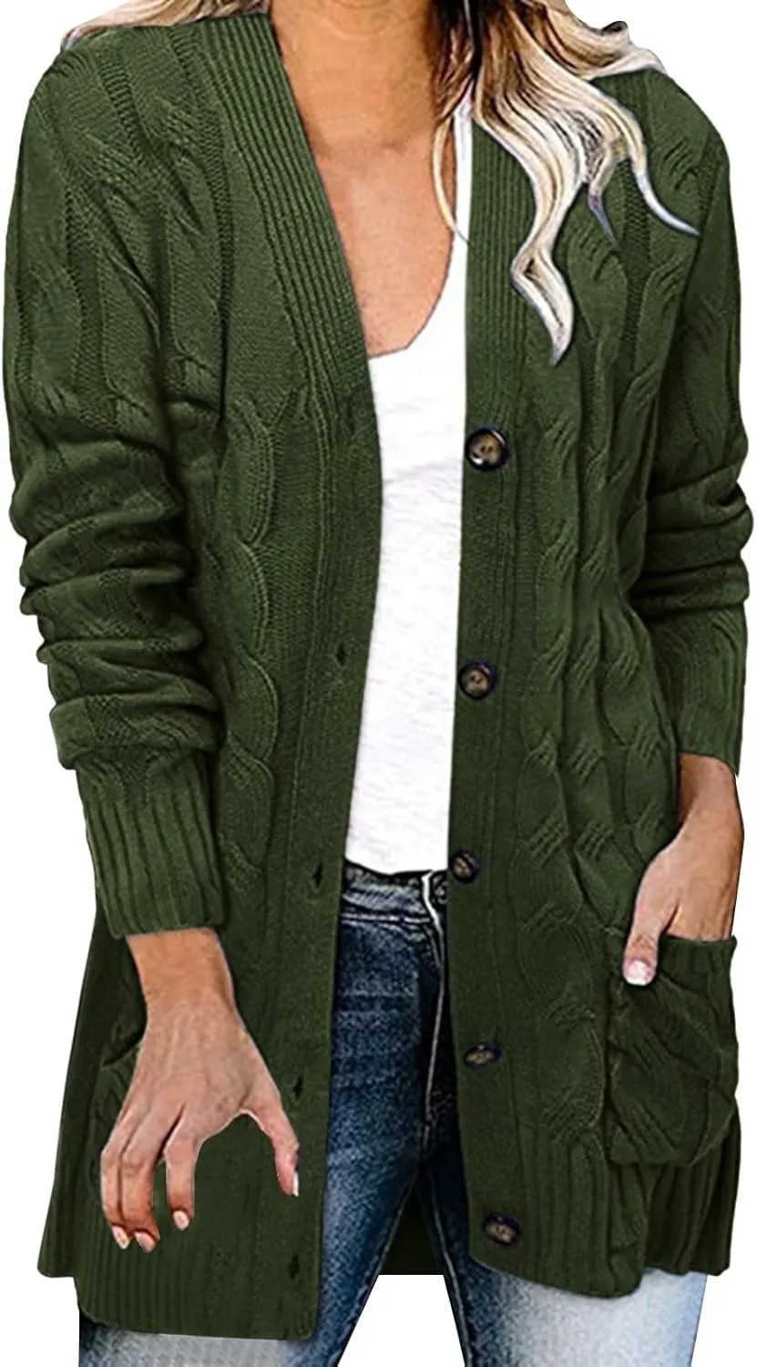 Womens Knit Cardigans Oversized Fall Open Front Button Down Cable Sweaters Loose V Neck Chunky Long Sleeve Outwear Coats