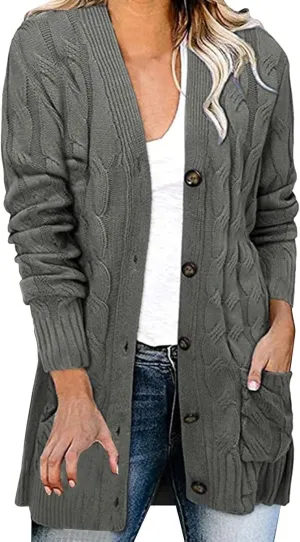 Womens Knit Cardigans Oversized Fall Open Front Button Down Cable Sweaters Loose V Neck Chunky Long Sleeve Outwear Coats