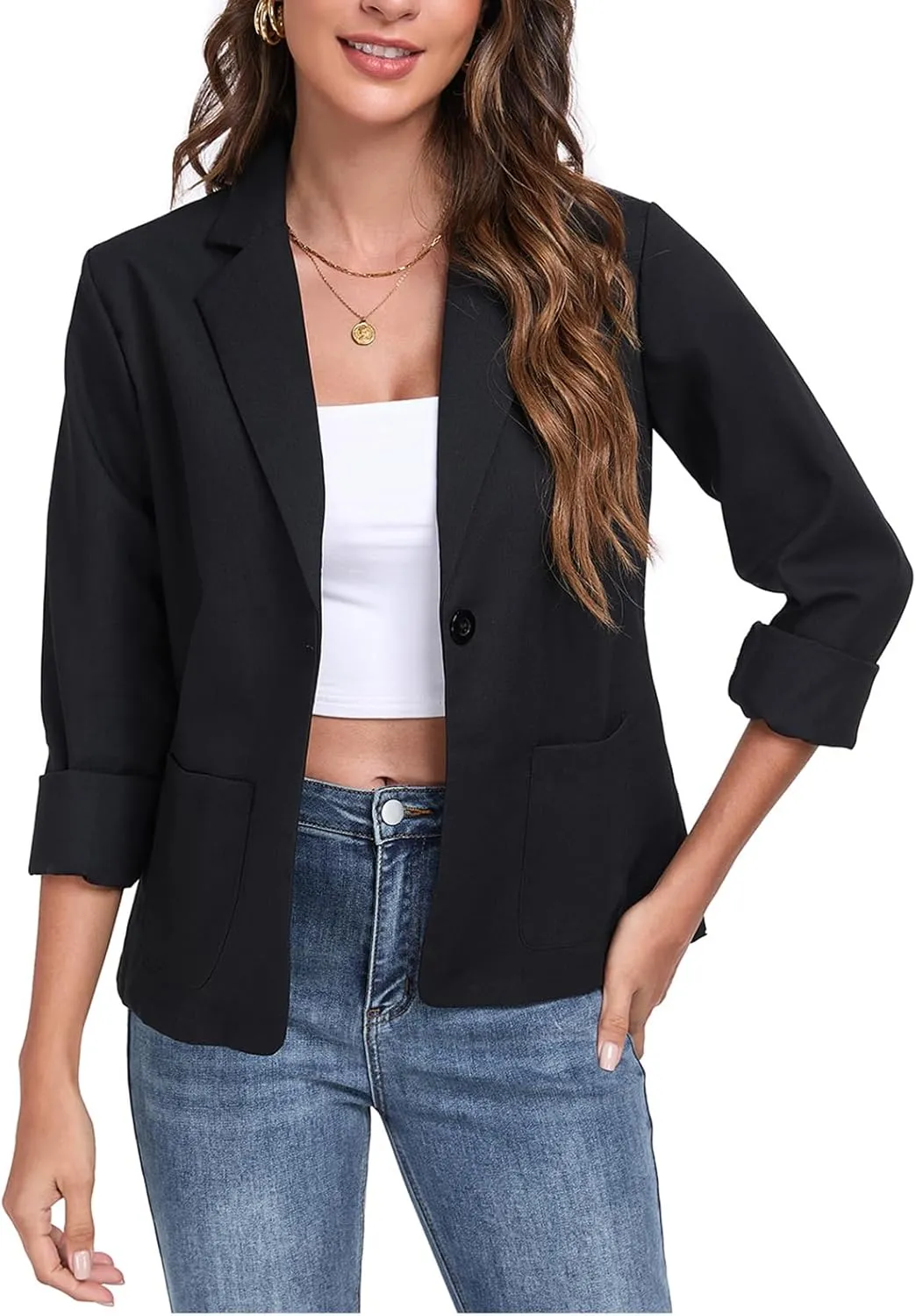 Womens Linen Blazer Long Sleeve Lightweight Work Office Jackets Casual Summer Lapel Button Blazers with Pockets