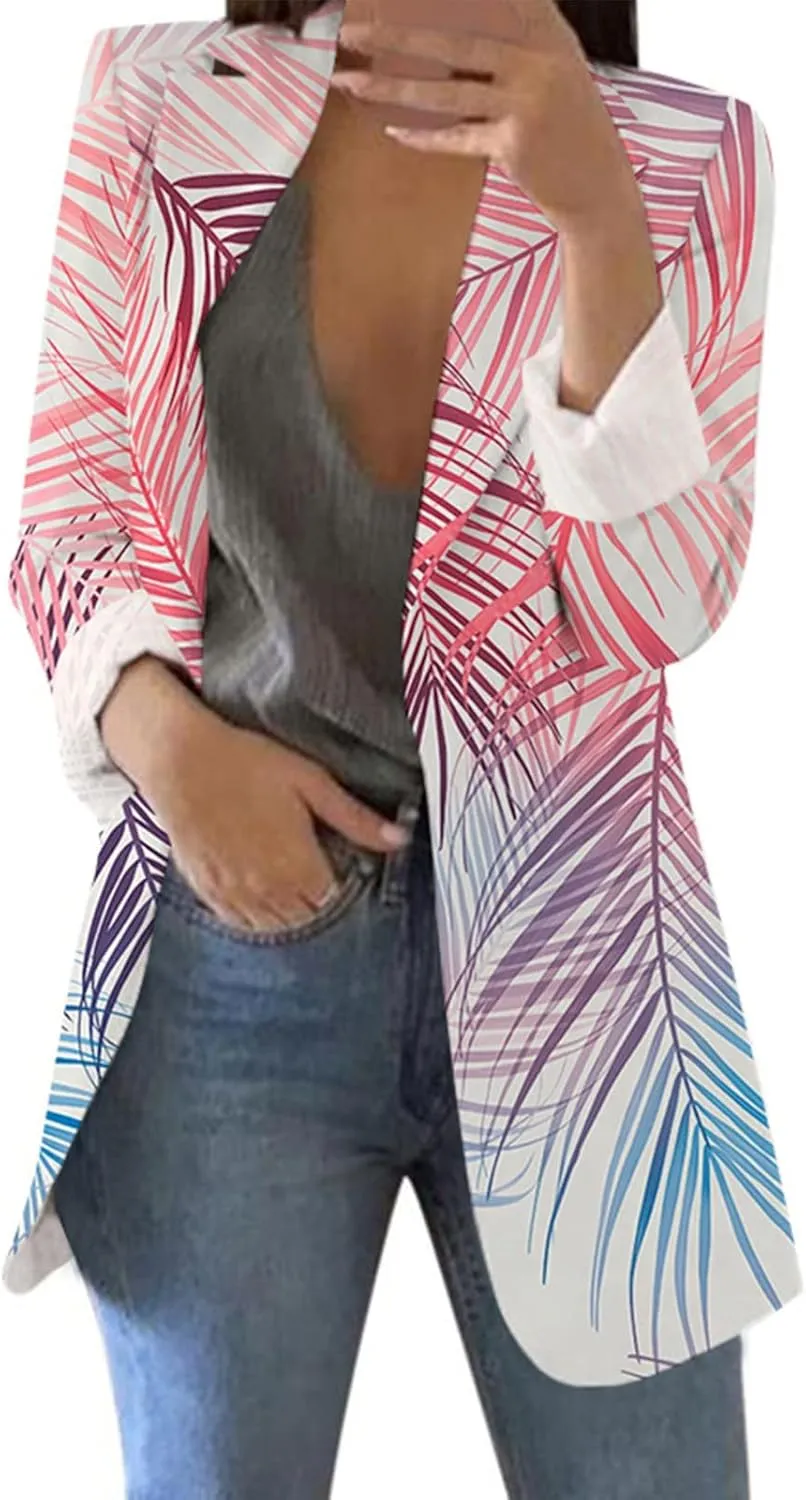 Women's Long Blazer Casual Printed Suit Sleeve Loose Comfortable Cardigan Coat Blazers for Work Casual