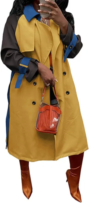 Women's Long Trench Coat Color Block Long Sleeve Lapel Double Breasted Trendy Windbreaker Jacket with Belt