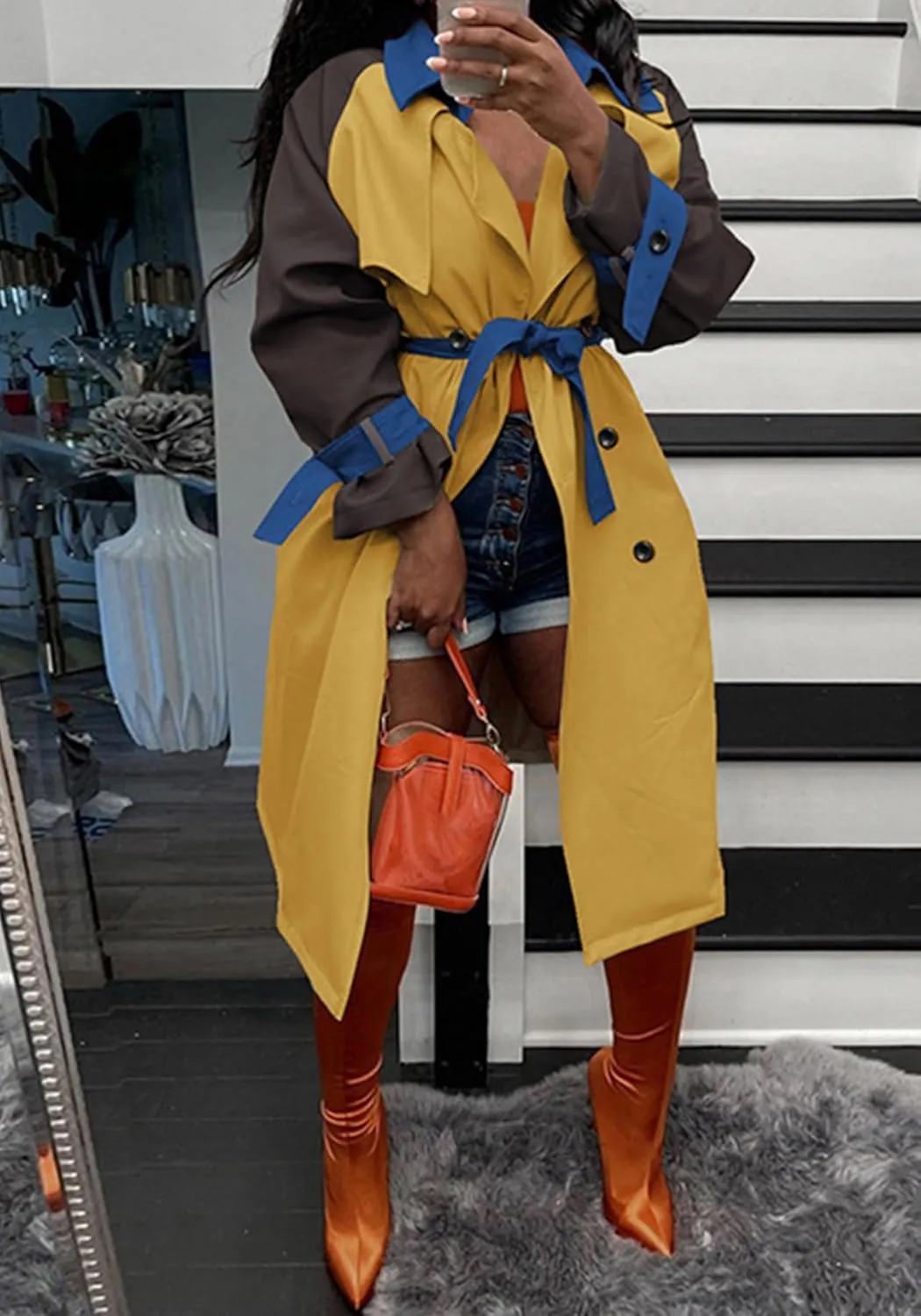 Women's Long Trench Coat Color Block Long Sleeve Lapel Double Breasted Trendy Windbreaker Jacket with Belt