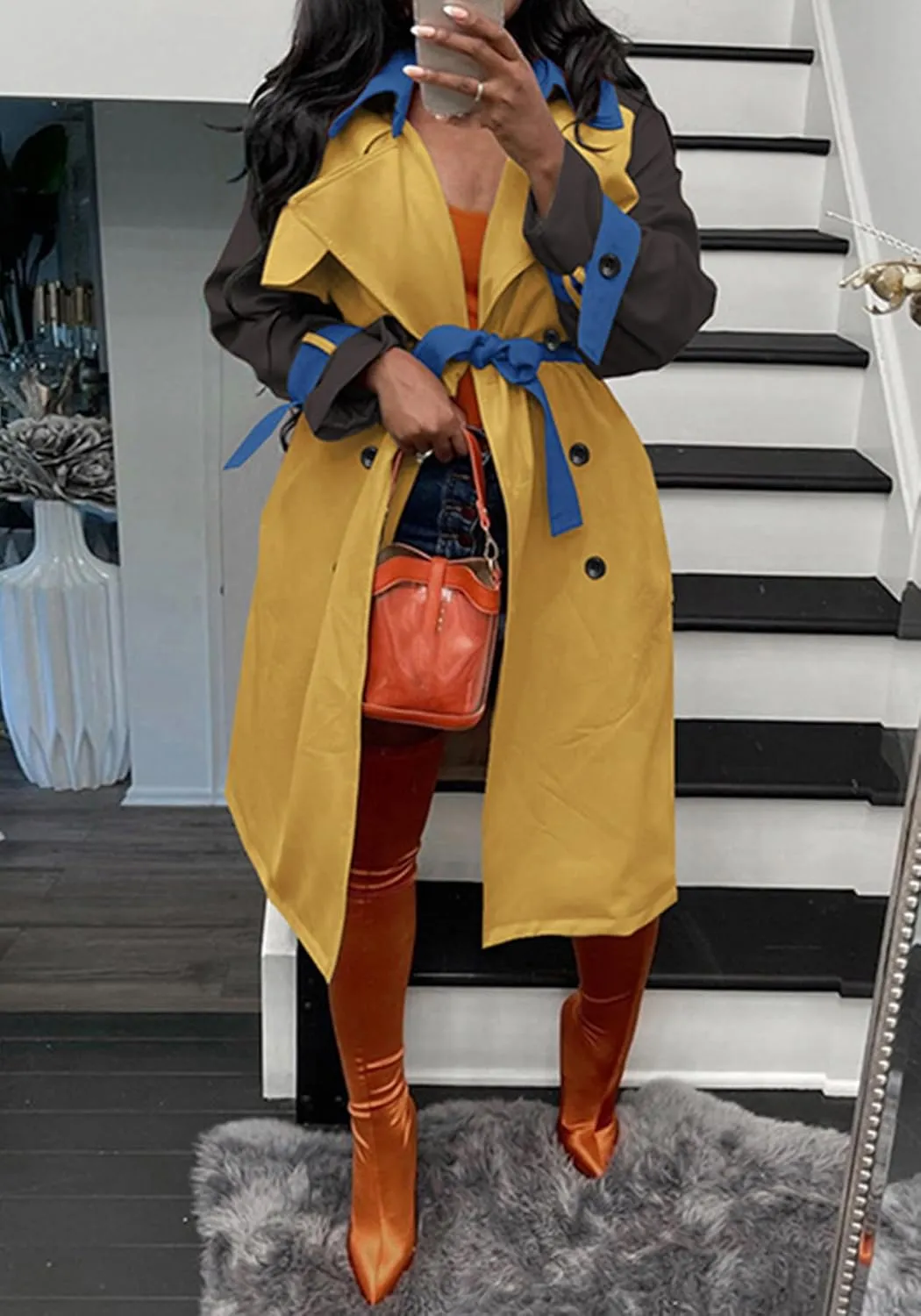 Women's Long Trench Coat Color Block Long Sleeve Lapel Double Breasted Trendy Windbreaker Jacket with Belt