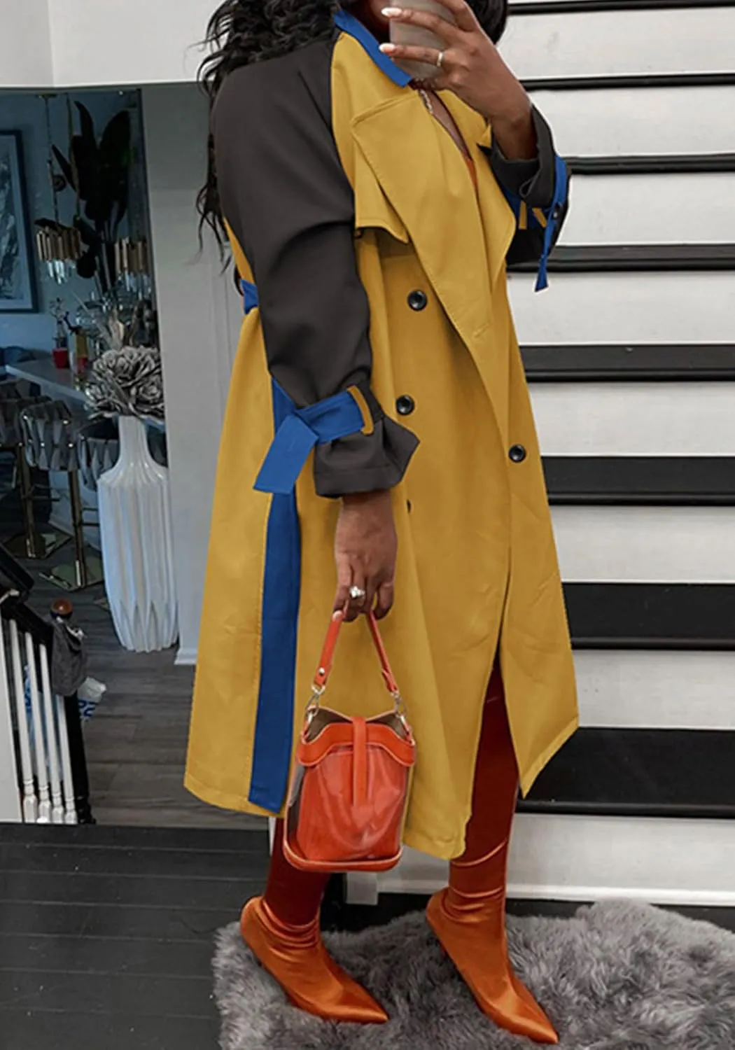 Women's Long Trench Coat Color Block Long Sleeve Lapel Double Breasted Trendy Windbreaker Jacket with Belt