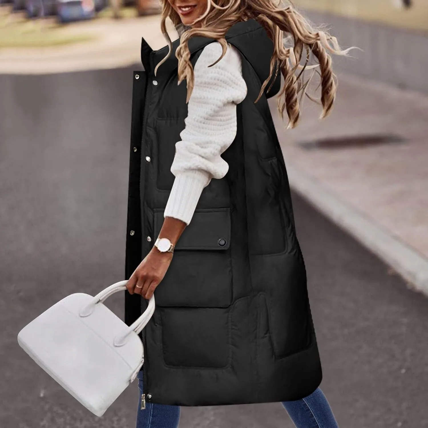 Women'S Long Vest Sleeveless Puffer Jacket Lightweight Hooded Down Outerwear Coat Quilted Vest With Hood Jacket