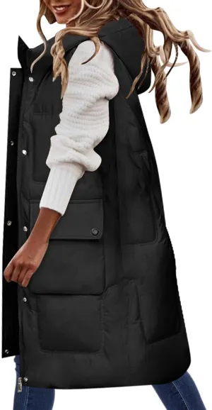 Women'S Long Vest Sleeveless Puffer Jacket Lightweight Hooded Down Outerwear Coat Quilted Vest With Hood Jacket