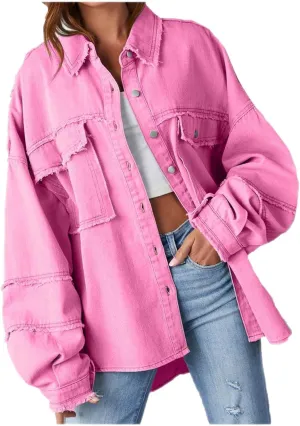 Womens Oversized Denim Shirt Jacket 2024 Casual Button Down Frayed Hem Ripped Jean Jacket Multi Pockets Denim Jacket