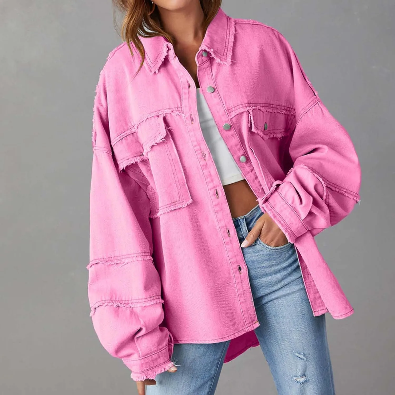 Womens Oversized Denim Shirt Jacket 2024 Casual Button Down Frayed Hem Ripped Jean Jacket Multi Pockets Denim Jacket