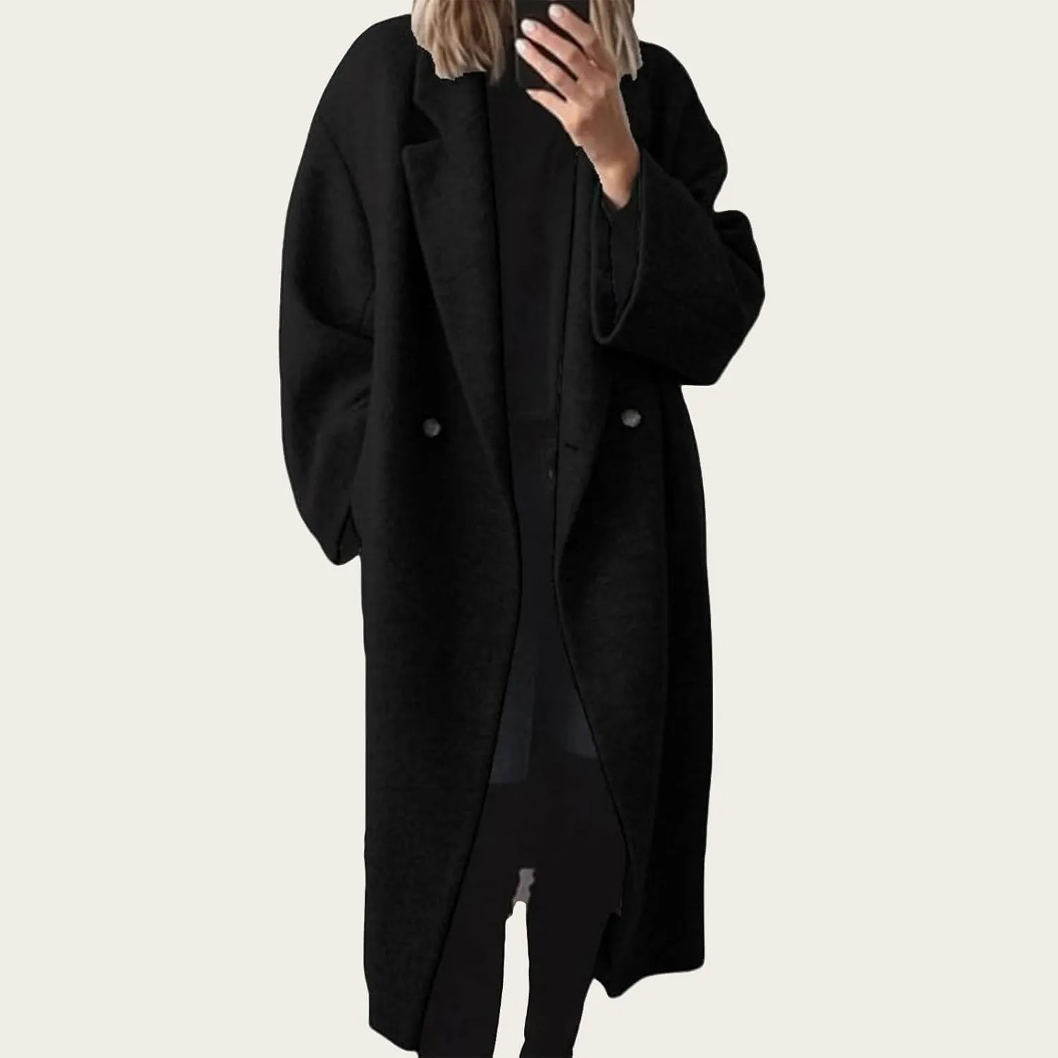 Women's Oversized Wool Blend Coat Lightweight Notched Collar Button Down Lapel Long Trench Coat Business Pea Coat