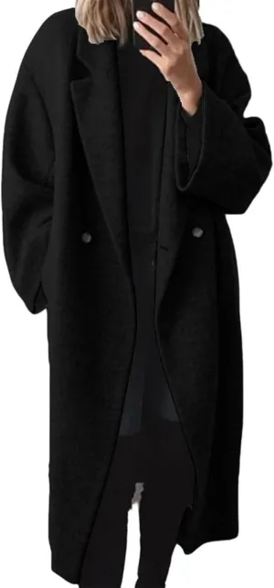 Women's Oversized Wool Blend Coat Lightweight Notched Collar Button Down Lapel Long Trench Coat Business Pea Coat