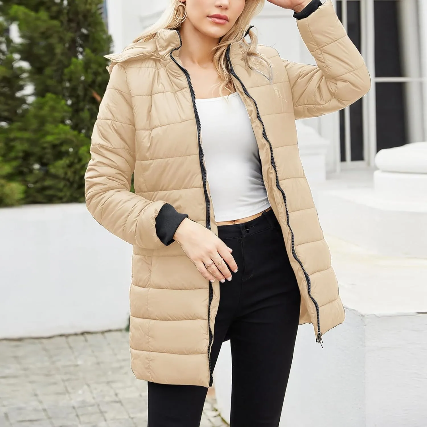 Womens Packable Puffer Coat Trendy Windproof Lightweight Down Jacket 2024 Winter Warm Long Puffer Coat Detachable Hood