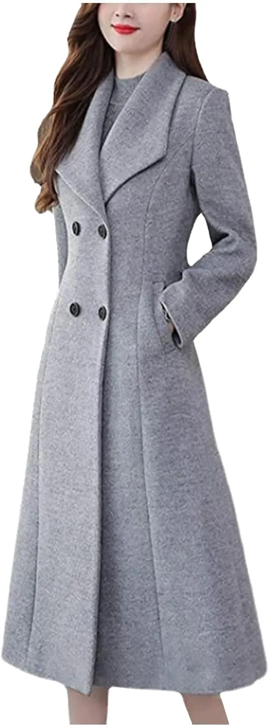 Women's Pea Coat Double Breasted Long Overcoat Plus Size Turndown Collar Winter Coats Trench Coats with Pockets