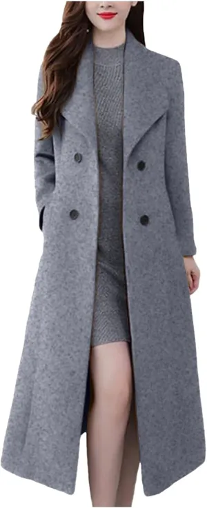 Women's Pea Coat Double Breasted Long Overcoat Plus Size Turndown Collar Winter Coats Trench Coats with Pockets